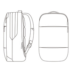 Front and side view of modern, streamlined backpack with dual compartments.
