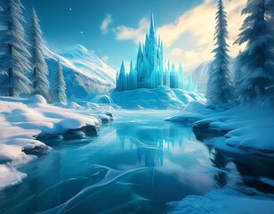 Fantasy magical winter wonderland with an ice castle reflected in a frozen lake