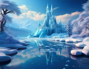 Majestic ice castle overlooking a frozen lake