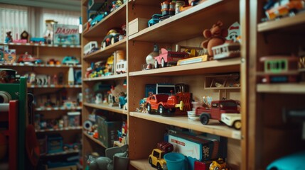 Shelves brimming with colorful vintage toys create a playful scene in a cozy store, capturing a glimpse of childhood memories.