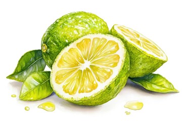 Bergamot Fruit and Leaf. Watercolor Illustration of Fresh Citrus Ingredient on White Background