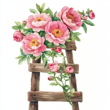 Blooming Peony Bouquet on Wooden Ladder - Watercolor Floral Decor with Pink Flowers in Provence Style
