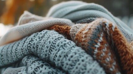 Fototapeta premium A stack of multicolored knit blankets is softly arranged, evoking a warm, cozy atmosphere in a softly lit space.