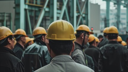 Workers in yellow helmets gather, embodying teamwork and industrial effort under a massive structural framework.