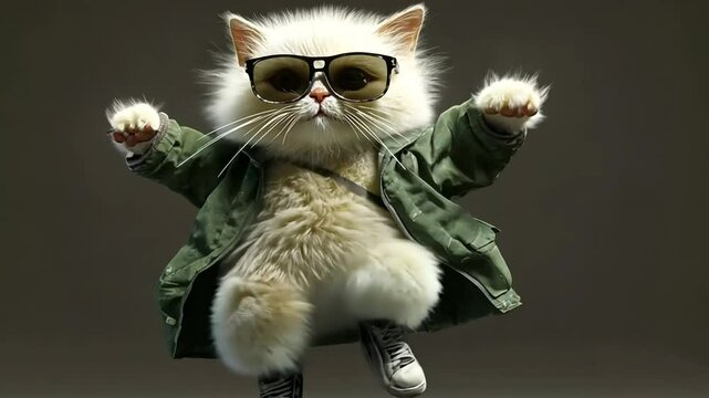 A white cat with sunglasses, a green jacket, and sneakers is jumping in the air against a brown background.