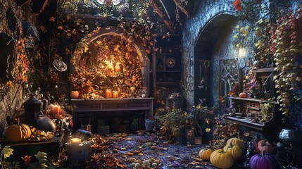 Obraz premium The scene depicts a mystical and enchanting interior of a rustic, autumn-themed room. The space is filled with vibrant autumn leaves in various shades of orange, yellow, and red, creating a warm atmos