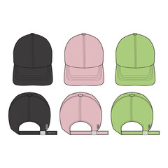 Set of pastel baseball caps in black, pink, and green, showing front and back views with adjustable straps, ideal for design mockups and branding.

