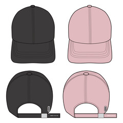 Two-tone baseball caps in black and pink, showing front and back views with adjustable straps, isolated on white background, ideal for product design and branding.

