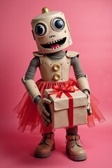 A cheerful robot in a pink tutu costume holding a gift box at a fun birthday party for children