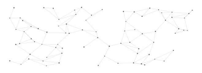 Minimalist network pattern of interconnected grey dots linked by thin lines on white background. Clean geometric design, elegant constellation-like structure. Connectivity, technology.
