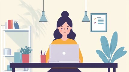 Illustration of Young entrepreneur running a business from home, freelancer using laptop at kitchen table during self-quarantine. Ai generated image