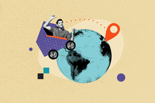 Composite trend artwork sketch image collage of miniature young guy moving car earth planet summer vacation relocate map point real estate