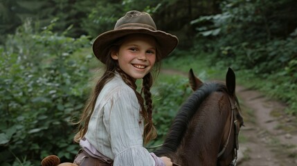 A smiling young girl, wearing a wide-brimmed hat, rides a horse through lush greenery, depicting rustic adventure and joy.