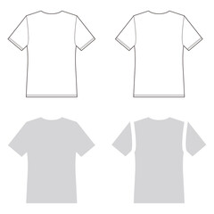Set of back views of plain t-shirts in white and gray, showing front and back transparency views, isolated on white background, suitable for design mockups and branding.

