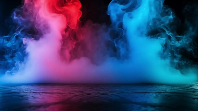Abstract background with blue and red smoke on dark background.