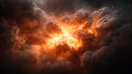 A stunning explosion unfolds in a mixture of fiery orange and dense grey smoke, symbolizing destruction and rebirth within a dramatic visual tableau.