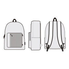 Set of three views (front, side, back) of a white backpack with gray front pocket and black straps, isolated on white background, ideal for apparel design and product mockups.


