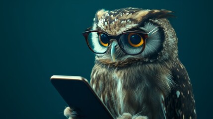 hoot owl with glasses holding smartphone, funny animal