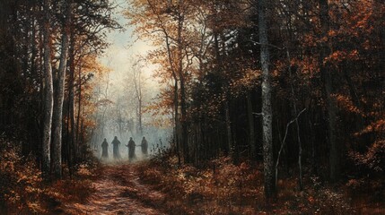 Obraz premium The scene depicts a misty pathway winding through a dense forest during autumn. Tall, slender trees with rough bark and colorful foliage in shades of orange, yellow, and brown create a vibrant backdro