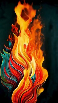 Mesmerizing display of bright flames intertwined with swirling colors on a dark backdrop.