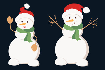 Happy Snowman. Snowman in a hat, scarf and mittens. Hand drawn vector illustration for Xmas