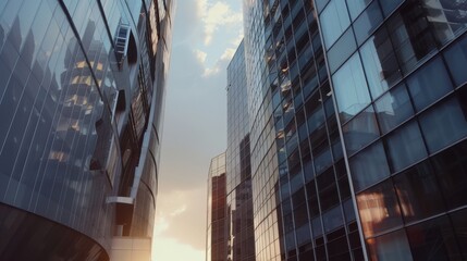 Sunlight filters through towering glass skyscrapers, casting reflections and creating a dynamic, futuristic urban skyline.
