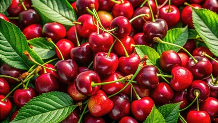 Vibrant Aerial Photography of Fresh Ripe Cherries with Stalks and Leaves, Natural Cherry Background, Piled Red Cherries, Fruit Harvest, Cherry Orchard, Healthy Snack, Organic Produce