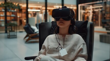Fototapeta premium Immersed in a virtual world, a person wearing VR goggles sits relaxed in a modern setting, exemplifying the fusion of technology and tranquility.