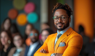 Empowering LGBTQ Business Leader Inspiring Diverse Audience in Vibrant Suit at Professional...