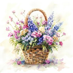 Watercolor Floral Bucket with Hearts and Flowers on Nature Background