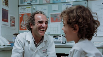 Obraz premium Joyful interaction between a doctor and child in a medical office, both laughing heartily, creating an atmosphere of warmth and trust.