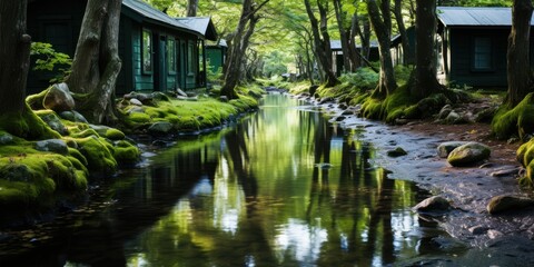 A tranquil stream meanders through a lush forest, its banks adorned with moss-covered stones and the reflections of trees mirroring the serene beauty