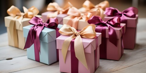 A Collection of Beautifully Wrapped Gifts with Satin Ribbons in Soft Tones of Pink, Beige and Blue, Arranged on a Light Wooden Surface