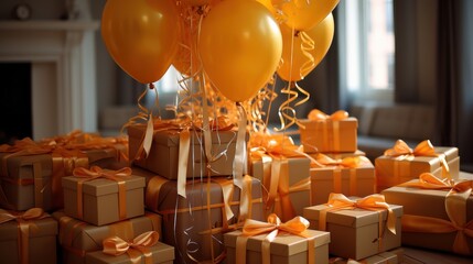 A stack of golden gift boxes adorned with golden ribbons and surrounded by floating golden balloons, creating a celebratory atmosphere.