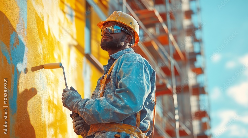 Poster a construction worker wearing protective gear stands confidently while using a roller to paint a wal