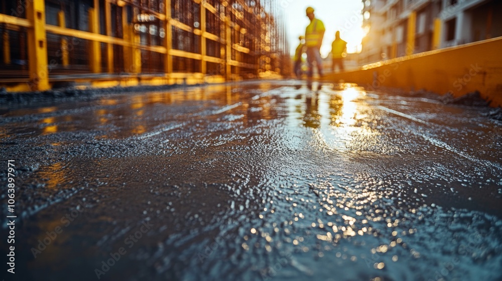 Aufkleber workers are completing the final touches on wet concrete as the sun sets behind them, creating a war