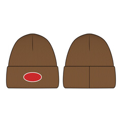 Brown Beanie with Logo Double View Technical Drawing Set

