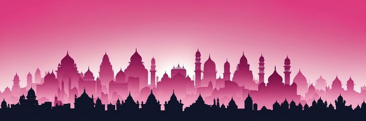 Obraz premium cityscape silhouette indian themed banner with pink backdrop. light blinds background
