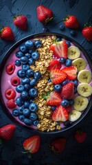 Bowl of fruit and granola with strawberries and blueberries, food background, vertical background