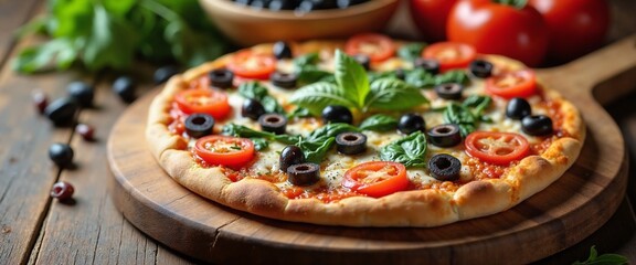 Delicious Vegetarian Pizza with Fresh Toppings on Rustic Wooden Board