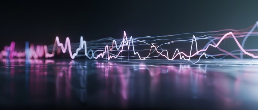 Electric waves of neon light pulse across a dark surface, depicting rhythm and movement in a futuristic and atmospheric setting.