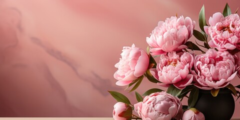 A delicate bouquet of pink peonies arranged in a black vase against a soft, blush-colored background.