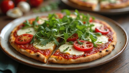 Fresh Margherita Pizza with Vibrant Arugula Topping on Rustic Wooden Table