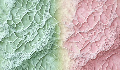 Fototapeta premium Abstract fabric texture in green and peach tones with mesh pattern.