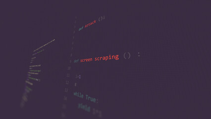 Cyber attack screen scraping text in foreground screen, hands of a anonymous hacker on a led keyboard. Vulnerability text in informatic system style, code on editor screen.