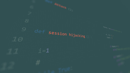Cyber attack session hijacking text in foreground screen, hands of a anonymous hacker on a led keyboard. Vulnerability text in informatic system style, code on editor screen.