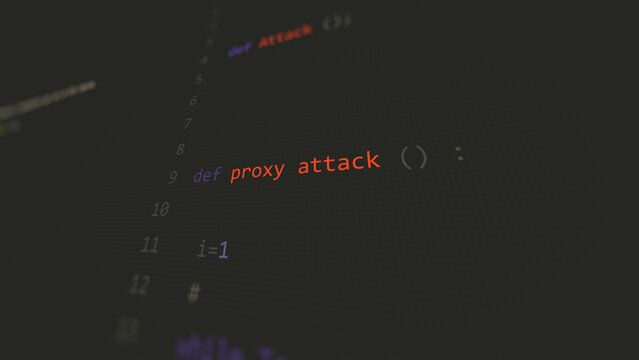 Cyber attack proxy attack text in foreground screen, hands of a anonymous hacker on a led keyboard. Vulnerability text in informatic system style, code on editor screen.