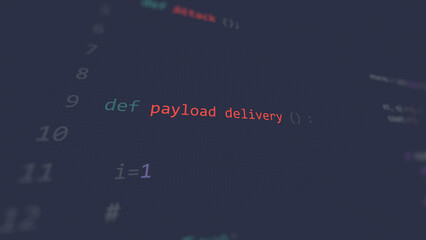 Naklejka premium Cyber attack payload delivery text in foreground screen, hands of a anonymous hacker on a led keyboard. Vulnerability text in informatic system style, code on editor screen.,English language