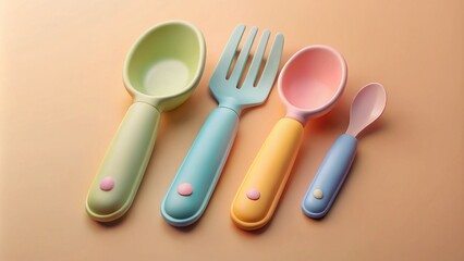 Fototapeta premium Cute and colorful children's spoons and fork set arranged on a soft pastel background