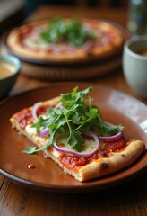 Gourmet Pizza Slice with Fresh Arugula in Rustic Setting